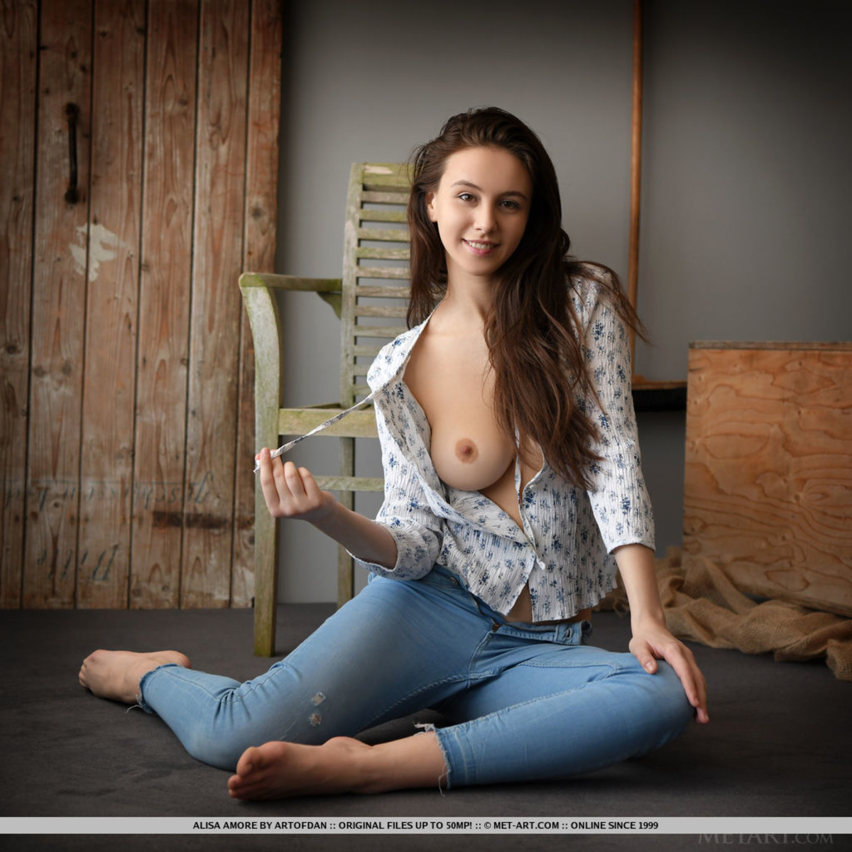 Sweet Brunette Teen Alisa Amore Removes Blue Jeans On Way To Modeling Naked